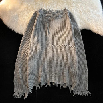 Riolio Vintage Hole Tassels Sweater Men Women Autumn Long Sleeves Kint Tops Fashion Loose Knitted Pullover Couples Unisex Streetwear